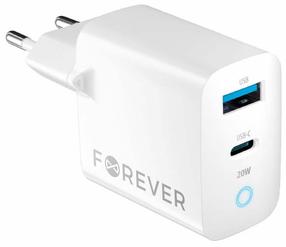 Telefona lādētājs Forever TC-06-20AC, USB Type C/USB Type A, balta krās., 20 W