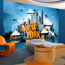 Fototapetas Artgeist Street Art - Yellow New York Text With Skyscraper And Car Motif XXLNEW010499, 210 cm x 210 cm