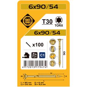 Puidukruvi, universaalsed Forte Tools TX30, 6 x 90 mm, kollane v., 100 tk