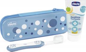 Зубная паста с зубной щеткой Chicco Always with a Smile Set Indigo, банановый вкус/яблочный вкус, 50 мл
