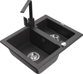 Virtuvinė plautuvė Mexen Carlos 6518581500-76+670300-76, granitas, 58 cm x 47 cm x 17.7 cm, black granite col.