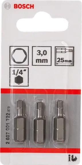 Skrūvgriežu uzgaļu komplekts Bosch, HEX3, 25 mm, 1/4", Ø3 mm