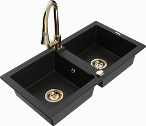 Кухонный умывальник с кухонным смесителем Mexen Mario Black+Gold, гранит, 82 см x 43 см x 16.1 см, золотой цв./черный цв.