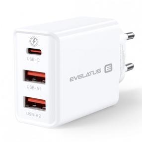 Evelatus ETC06 Premium 32W adaptīvs 3 Portu 5V-12V 2x USB / USB-C Tīkla lādētājs Bats