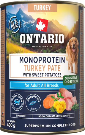 Šlapias šunų maistas Ontario Adult Pate, kalakutiena/saldžioji bulvė, 0.4 kg