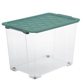 Uzglabāšanas kaste ar riteņiem, pārtikai/paredzēts uzglabāšanai/rotaļlietām Rotho, 65 l, caurspīdīga krās./zaļa krās., 58.3 x 39.2 x 41 cm