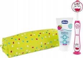 Dantų pasta su dantų šepetėliu Chicco Hippo Travel Set, braškių skonio, 50 ml
