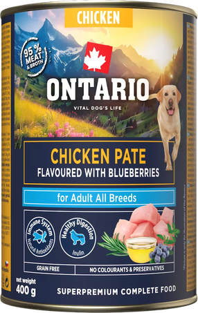 Šlapias šunų maistas Ontario Adult Pate, vištiena/mėlynės, 0.4 kg