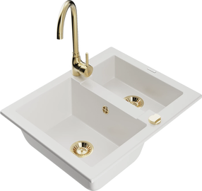 Virtuvinė plautuvė Mexen Carlos 6518581500-20+670200-50+66921-50, granitas, 58 cm x 47 cm x 17.7 cm, white+gold sp.