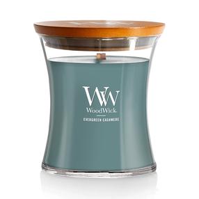 Svece, aromātiskā WoodWick Mini Hourglass Evergreen Cashmere, 20 - 30 h, 85 g, zaļa krās.