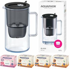 Vandens filtravimo indas, su kasetėmis Aquaphor Glass, 2.5 l, skaidri sp./juoda sp., 4 vnt.