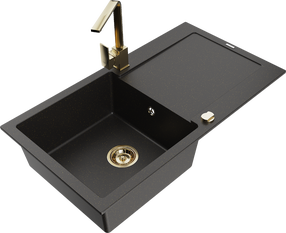 Кухонный умывальник с кухонным смесителем Mexen Leo Metallic black/gold+Gold, гранит, 90 см x 50 см x 19 см, metallic black/gold+gold цв.