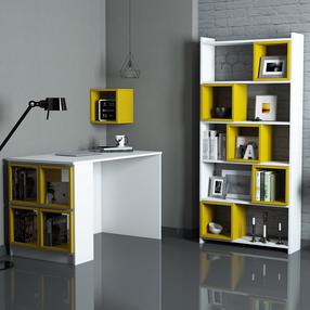 Biuro baldų komplektas Kalune Design Box Desk & Bookshelf & Wall Shelf, balta sp./geltona sp., 170 cm x 22 cm x 80 cm