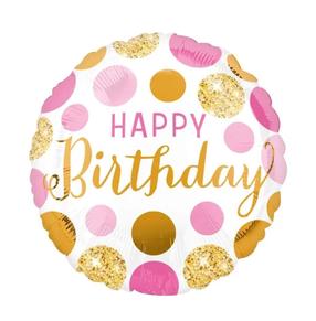 Folijas balons apaļš Anagram Happy Birthday, zelta krās./rozā krās.