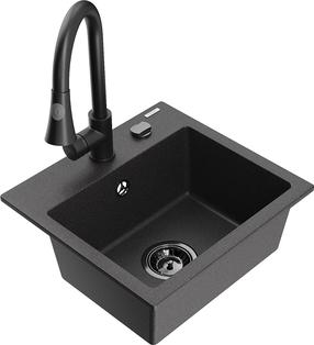 Plautuvė su virtuviniu maišytuvu Mexen Milo, granitas, 43 cm x 41 cm x 17.1 cm, black granite+black sp.