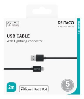 Laidas Deltaco IPLH-412, Lightning/USB Type A, 200 cm, juoda sp.