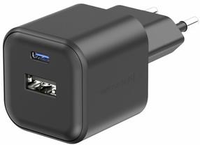 Kelioninis įkroviklis Swissten Travel, USB Type C/USB Type A, 3.6 cm, juoda sp., 12 W