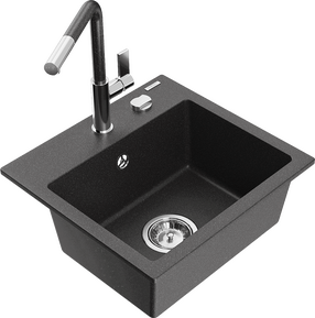 Plautuvė su virtuviniu maišytuvu Mexen Milo, granitas, 43 cm x 41 cm x 17.1 cm, black granite+chrome/black granite sp.