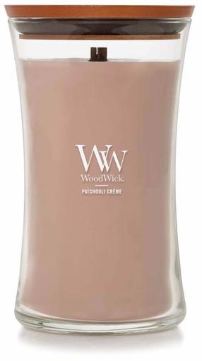 Svece, aromātiskā WoodWick Patchouli Crème, 130 h, 610 g, rozā krās.