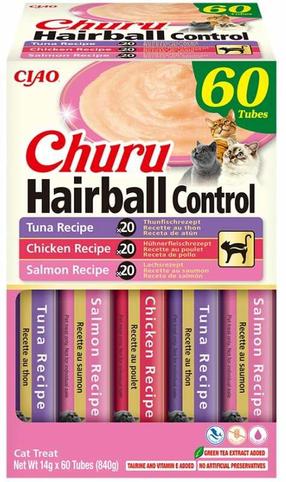 Skanėstas katėms Inaba Churu Hairball Control, vištiena/lašiša/tunas, 0.014 kg, 60 vnt.