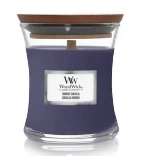 Žvakė, aromatinė WoodWick Mini Hourglass Hinoki Dahlia, 30 h, 85 g, violetinė sp.