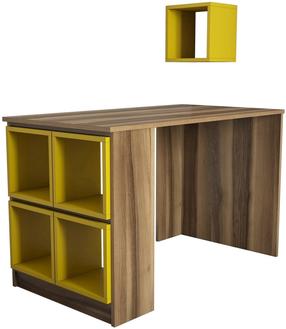 Rašomasis stalas su lentyna Kalune Design Box 845HCT3807, 120 cm x 65 cm, 75 cm, geltona sp./riešuto sp.