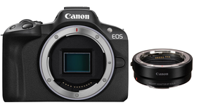Sistēmas fotoaparāts Canon EOS R50 + EF-EOS R Mount Adapter, melna krās.