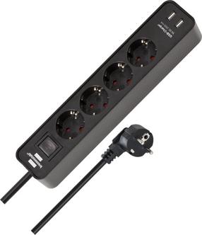 Удлинитель Brennenstuhl ECOLOR, 3 x 1,5 mm², 1.4 м, 4 розетки, 2USB, с выключателем, черный цв.