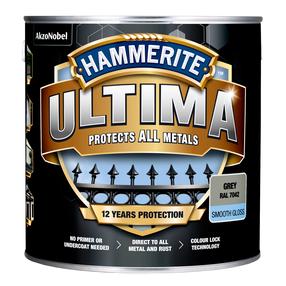Краска-эмаль, для металлоконструкций, защита от коррозии Hammerite Ultima Smooth, блестящий, 2.2 l, серый цв.