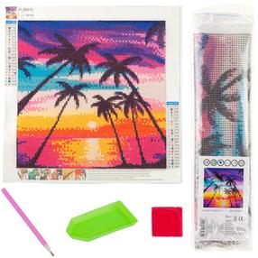 Deimantinė mozaika 3D Palms, mėlyna sp./oranžinė sp./violetinė sp., 30 x 30 cm