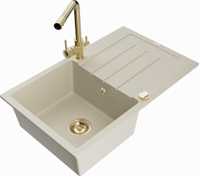 Plautuvė su virtuviniu maišytuvu Mexen Bruno Beige+Gold, granitas, 79 cm x 49 cm x 20 cm, beige+gold sp.
