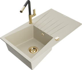 Plautuvė su virtuviniu maišytuvu Mexen Cesar, granitas, 77.5 cm x 47 cm x 20 cm, beige+black/gold sp.
