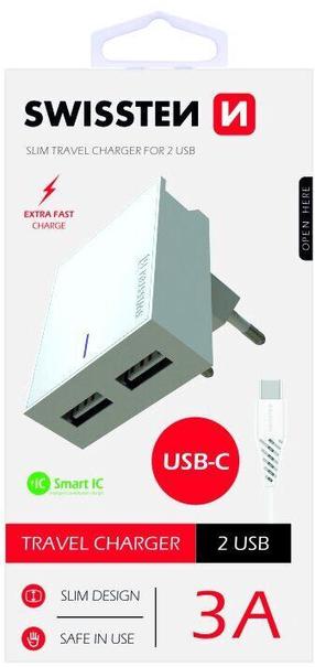 Telefona lādētājs Swissten Premium Fast, USB/AC/DC, balta krās.