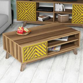 Kohvilaud Kalune Design Ynci, kollane v./pähklipuu v., 105 cm x 60 cm x 38.2 cm