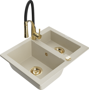 Plautuvė su virtuviniu maišytuvu Mexen Carlos Beige+Black/Gold, granitas, 58 cm x 47 cm x 17.7 cm, beige+black/gold sp.