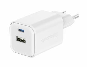 Telefona lādētājs Swissten Travel GaN, USB Type C/USB Type A, 5 cm, balta krās., 45 W
