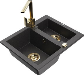 Virtuvinė plautuvė Mexen Carlos 6518581500-76+670300-50+66921-50, granitas, 58 cm x 47 cm x 17.7 cm, black granite+gold sp.