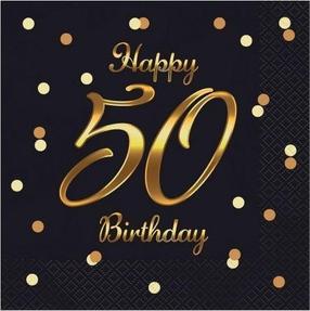 Popierinės servetėlės GoDan Happy 50 Birthday, 33 cm x 33 cm, aukso sp./juoda sp., 20 vnt.