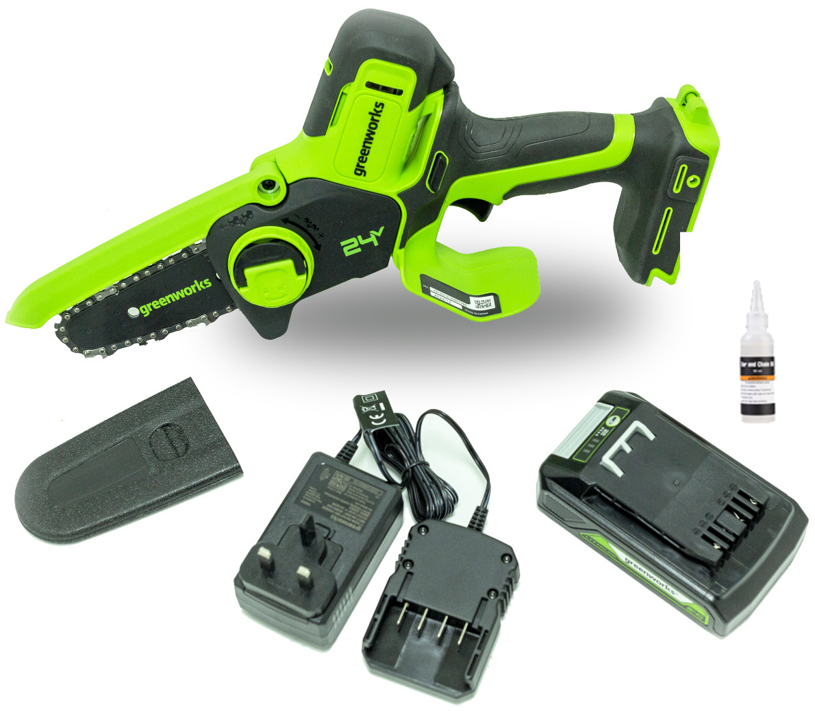 MCワークス GREENWORKS MINI ŠAKŲ GENĖTUVAS 24V g24mcs10k2 (su 2Ah