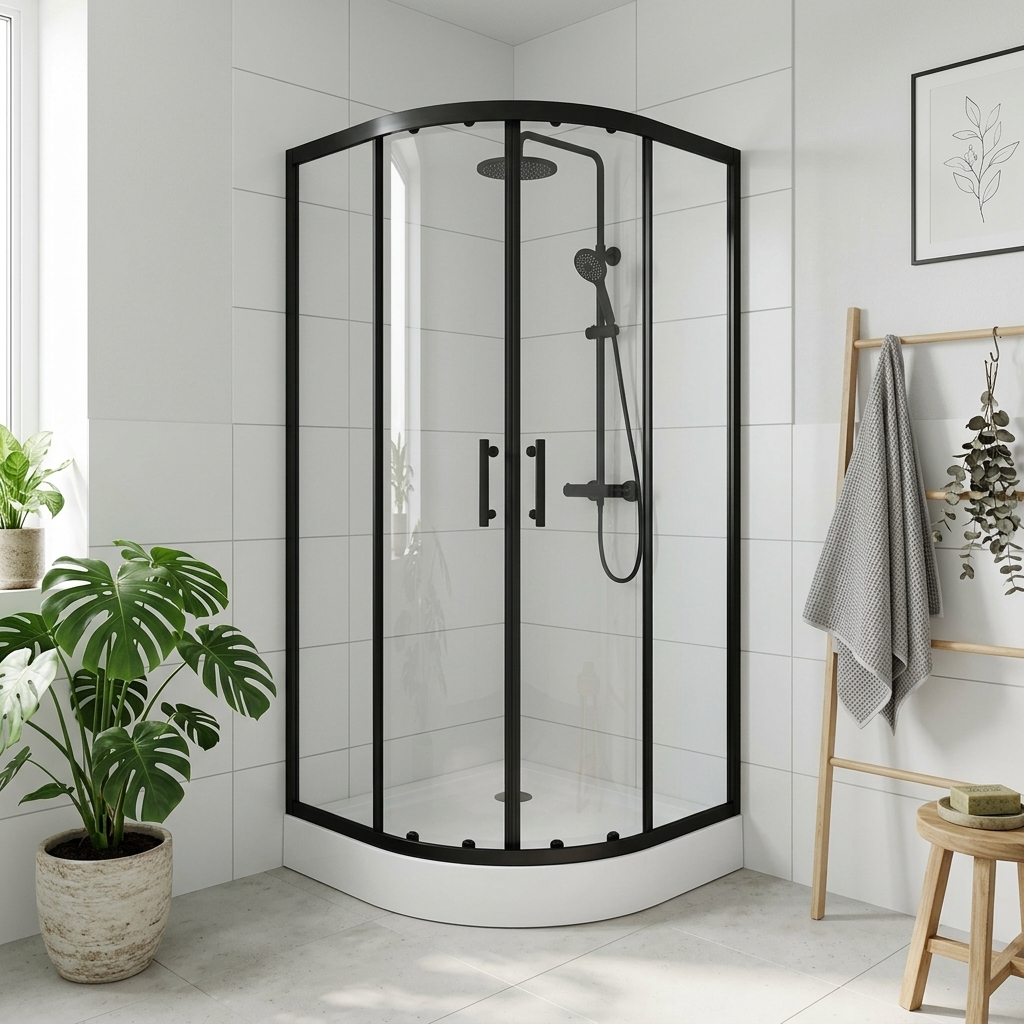 Dušo kabina Thema Lux Korfu Black QA098-80, pusapvalė, 80 cm x 80