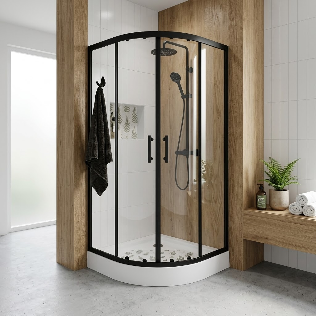 Dušo kabina Thema Lux Korfu Black QA098-90, pusapvalė, 90 cm x 90