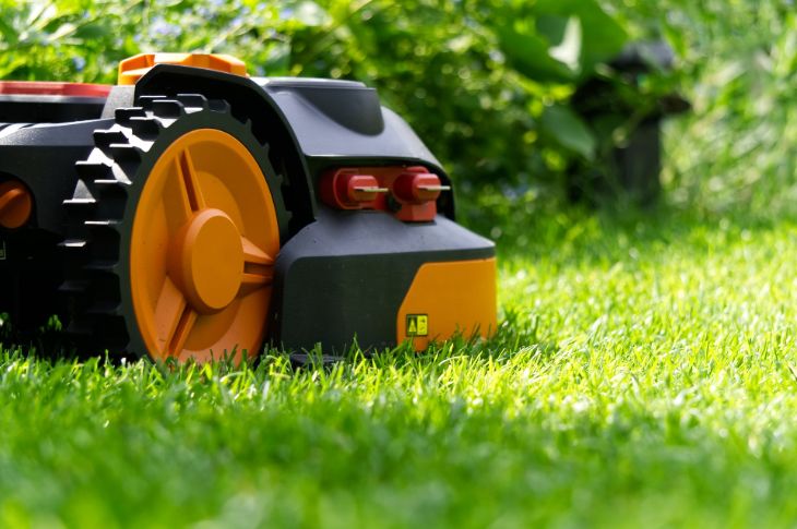 Oranži ja musta värviline robotniiduk muru peal.