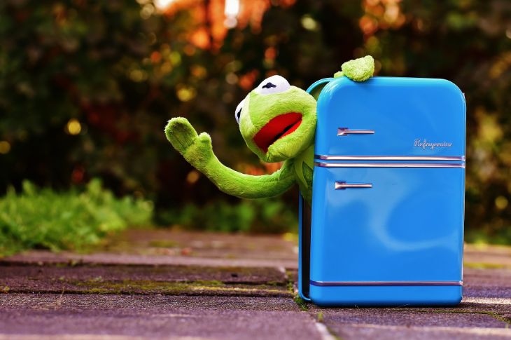 Konn Kermit lehvitab sinisest külmkapist.