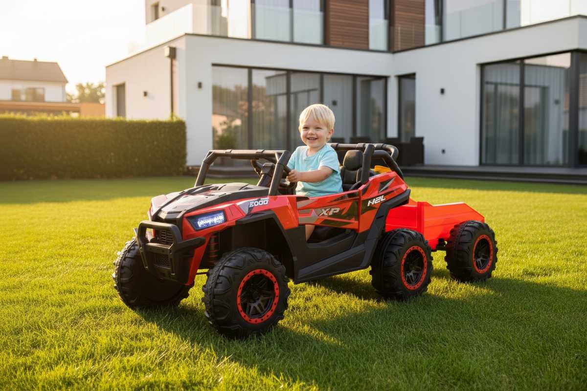 Bērnu elektriskais bagijs Hatis with trailer, melna krās.sarkana krās.