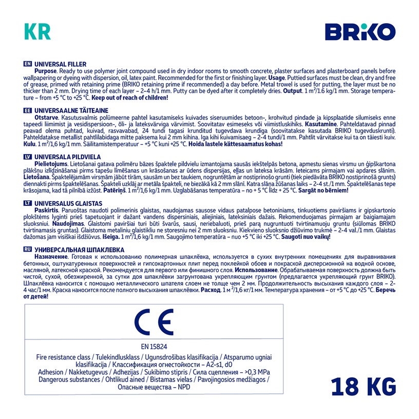 Universaalne kitt Briko KR, kasutusvalmis, valge, 18 kg