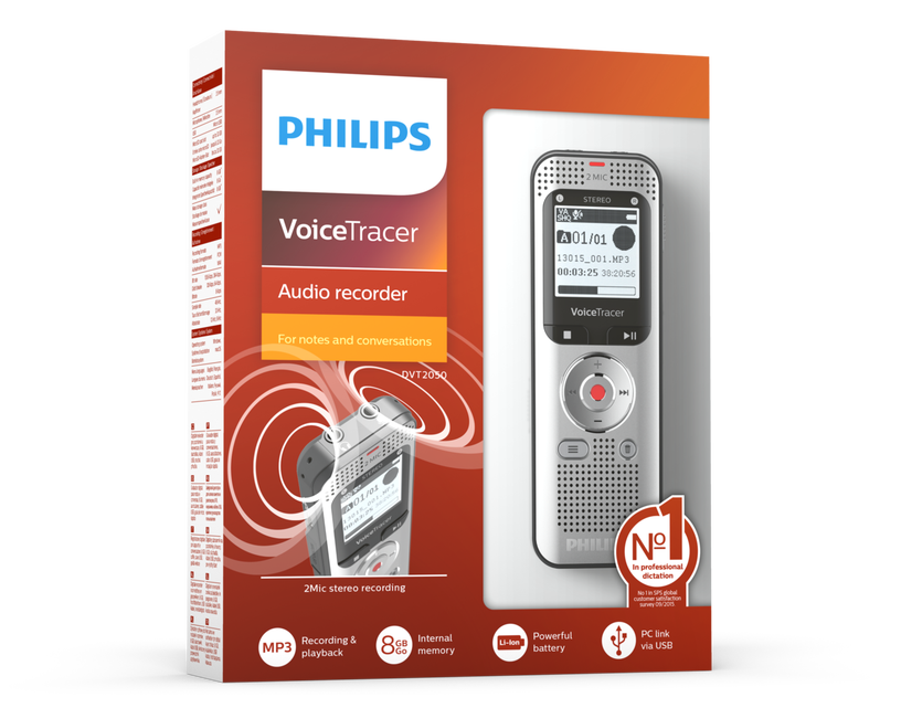 Diktofons Philips DVT2050, sudraba, 8 GB