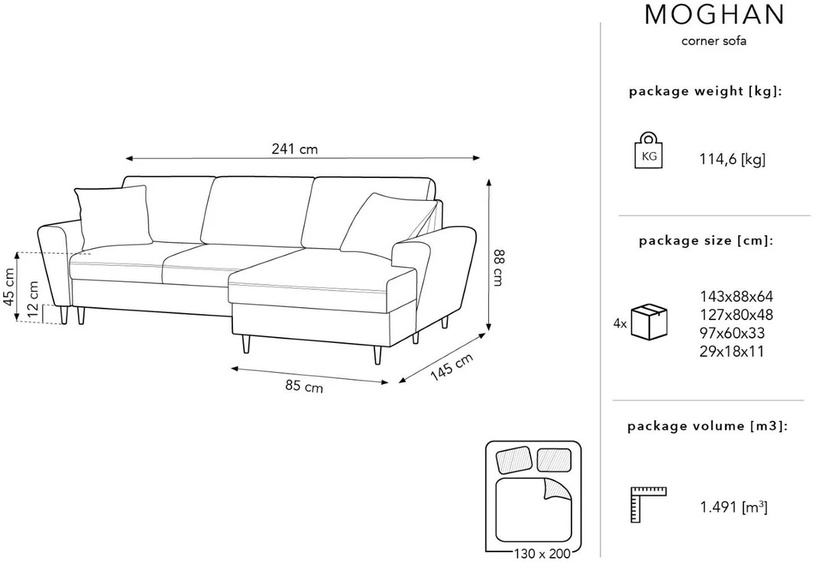 Stūra dīvāns Micadoni Home Moghan Velvet 4 Seats, tumši zaļa, labais, 241 x 145 cm x 88 cm