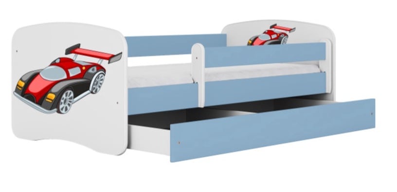 Bērnu gulta vienvietīga Kocot Kids Babydreams Racing Car, zila/balta, 80 x 160 cm, bez veļas kastes, ar matraci