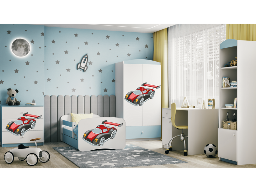 Bērnu gulta vienvietīga Kocot Kids Babydreams Racing Car, zila/balta, 80 x 160 cm, bez veļas kastes, ar matraci