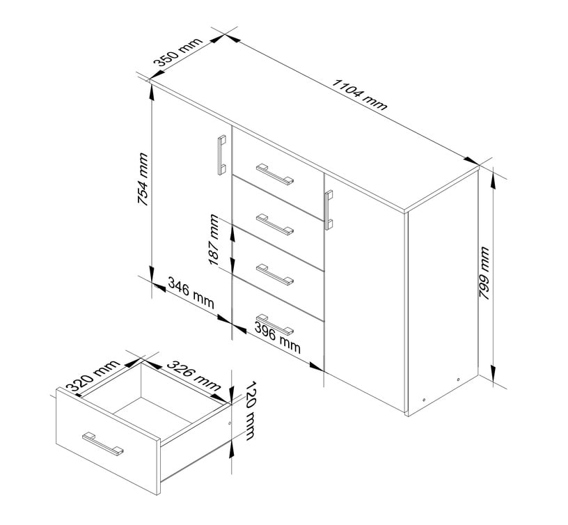 Комод Akord K45, белый/дуб сонома, 35 см x 110 см x 80 см